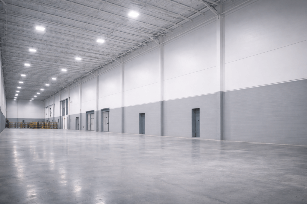 Interior de nave industrial recién pintada en Monterrey con muros y estructura metálica en acabado profesional